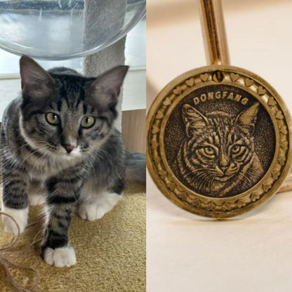 Cat photo next to custom bronze pendant with name engraving