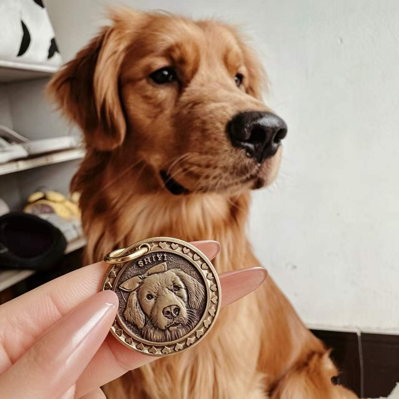 Before and after — pet photo transformed into 3D bronze pendant