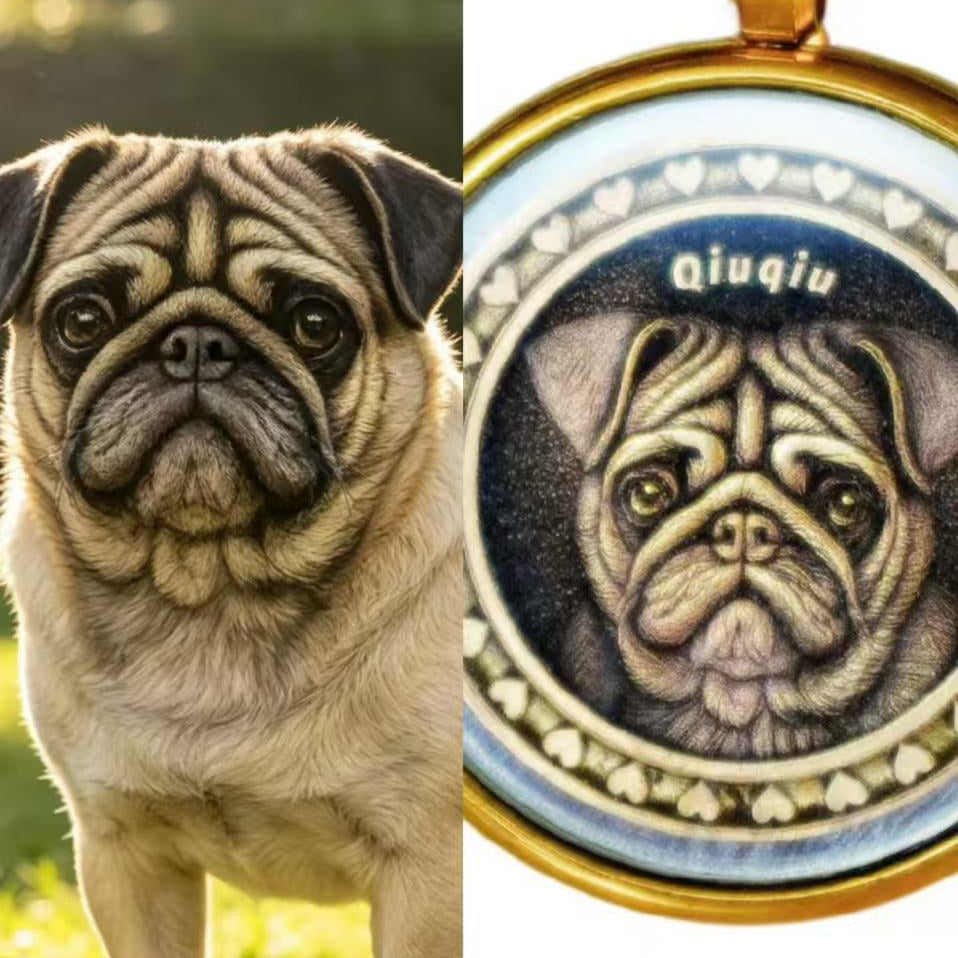 bulldog photo transformed into detailed bronze relief pendant with glass cover
