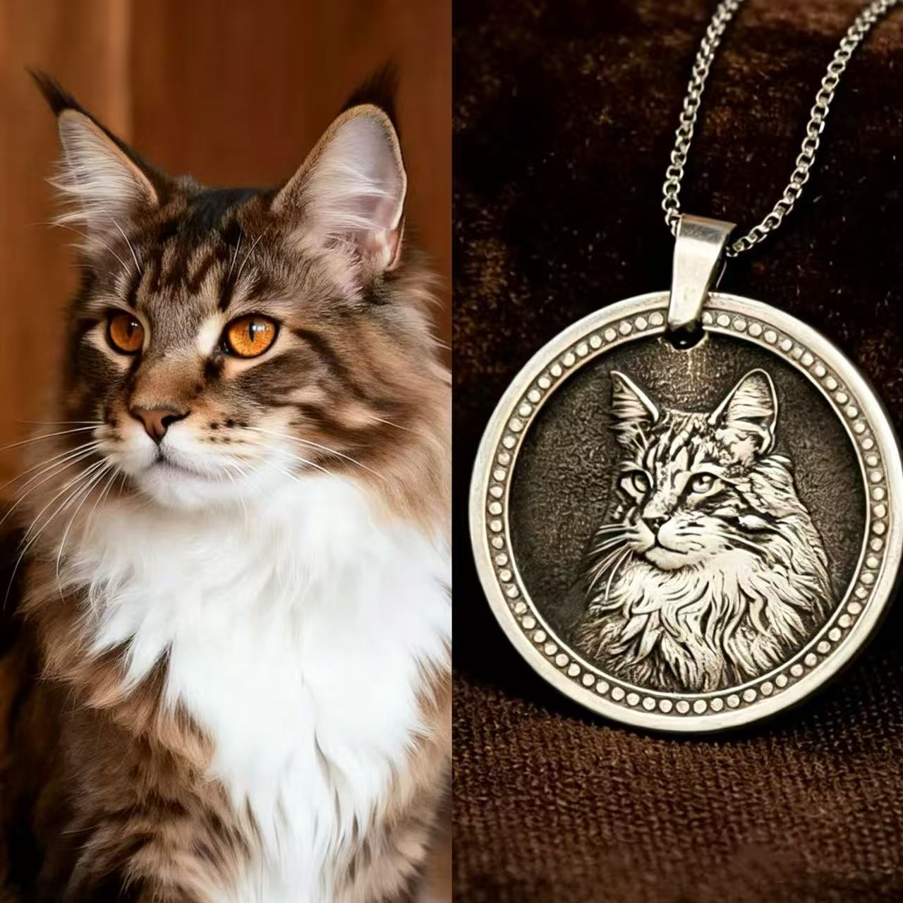 Maine Coon cat photo compared with 999 silver relief pendant