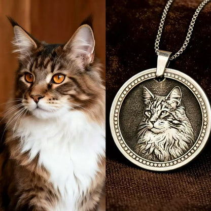 Maine Coon cat photo compared with 999 silver relief pendant