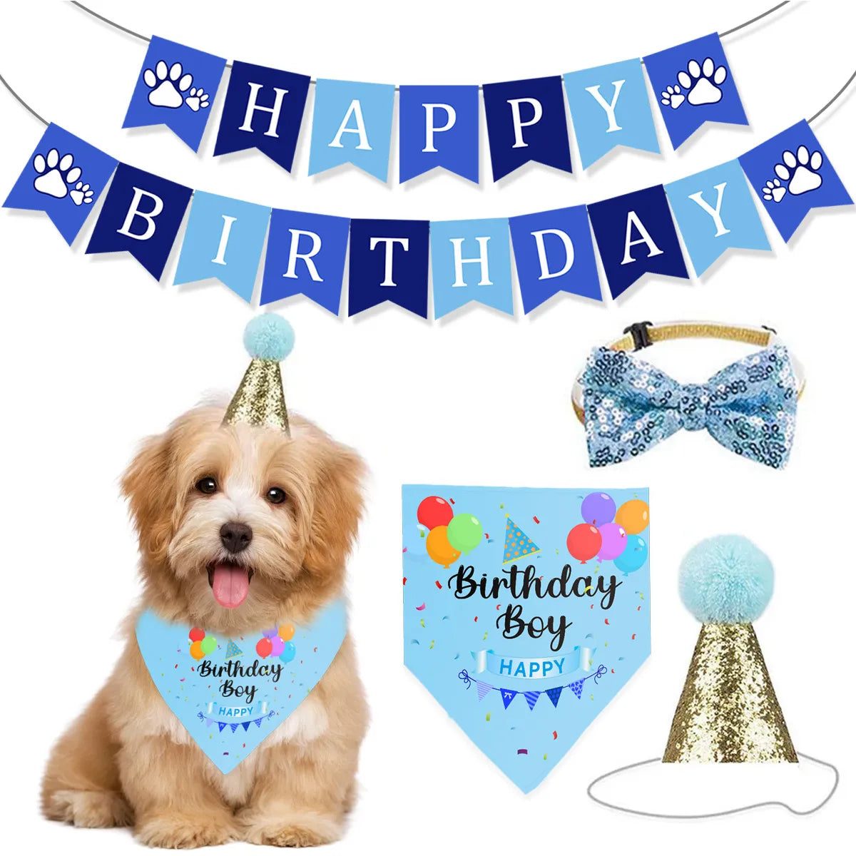 Dog wearing pink birthday bandana with pink bunting banner set