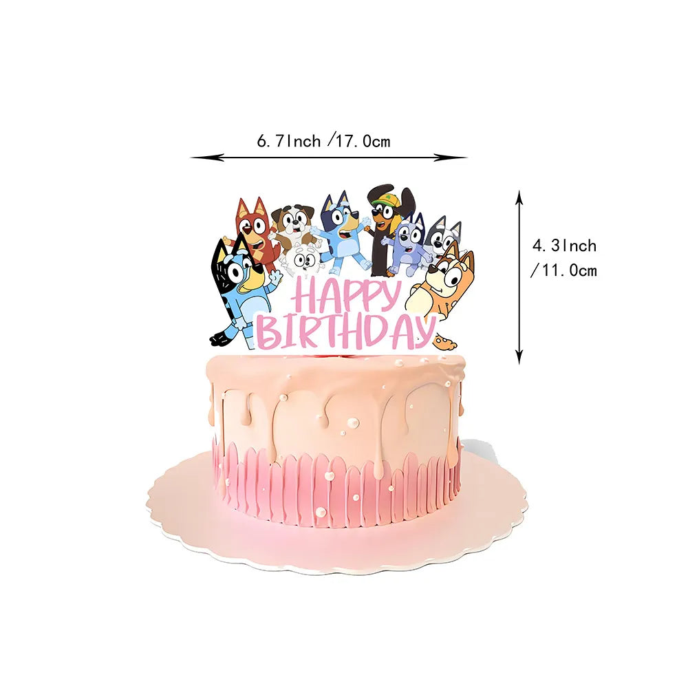Pink dog birthday cake topper with cartoon dogs