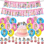 Pink dog birthday party decoration set with banner, cake topper, and balloons