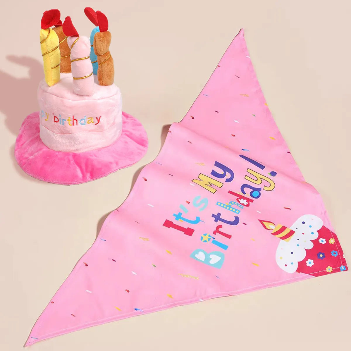 Pink birthday hat and bandana set for dogs