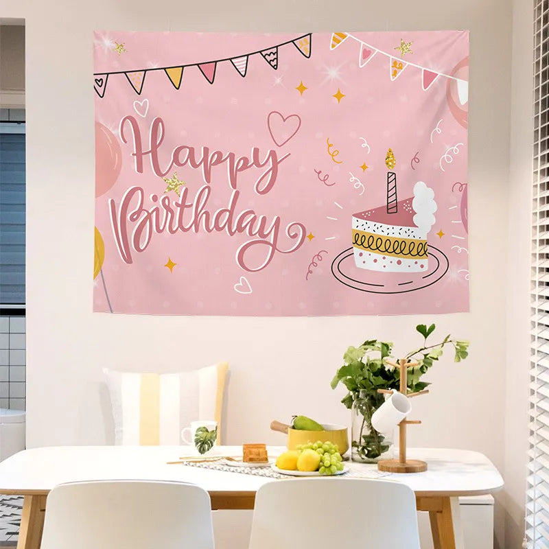 Minimal pink happy birthday wall tapestry