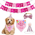 Pink birthday party accessories set flat lay (hat, bow tie, banner)
