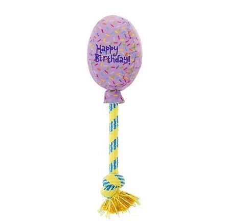 Purple birthday balloon plush dog toy