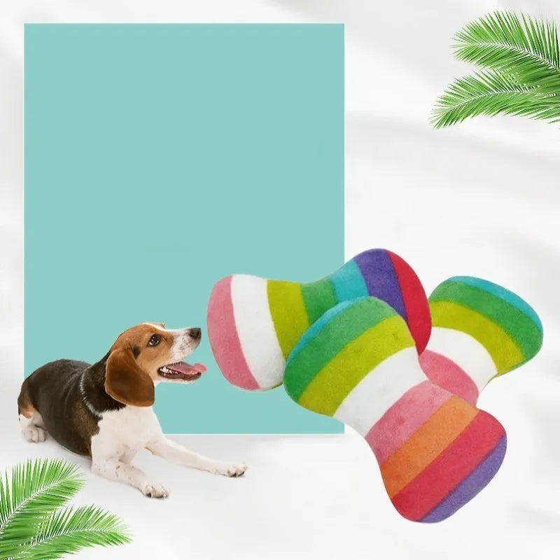Colorful rainbow bone toy beside green plant decor
