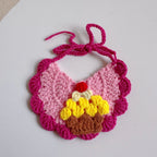 Rose red pet bib with knitted birthday cake design