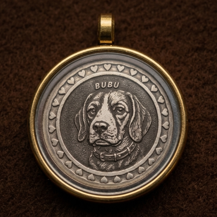 Silver pet pendant displayed in glass display case — front view