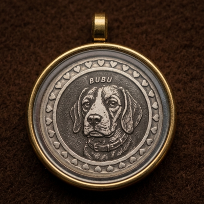Silver pet pendant displayed in glass display case — front view