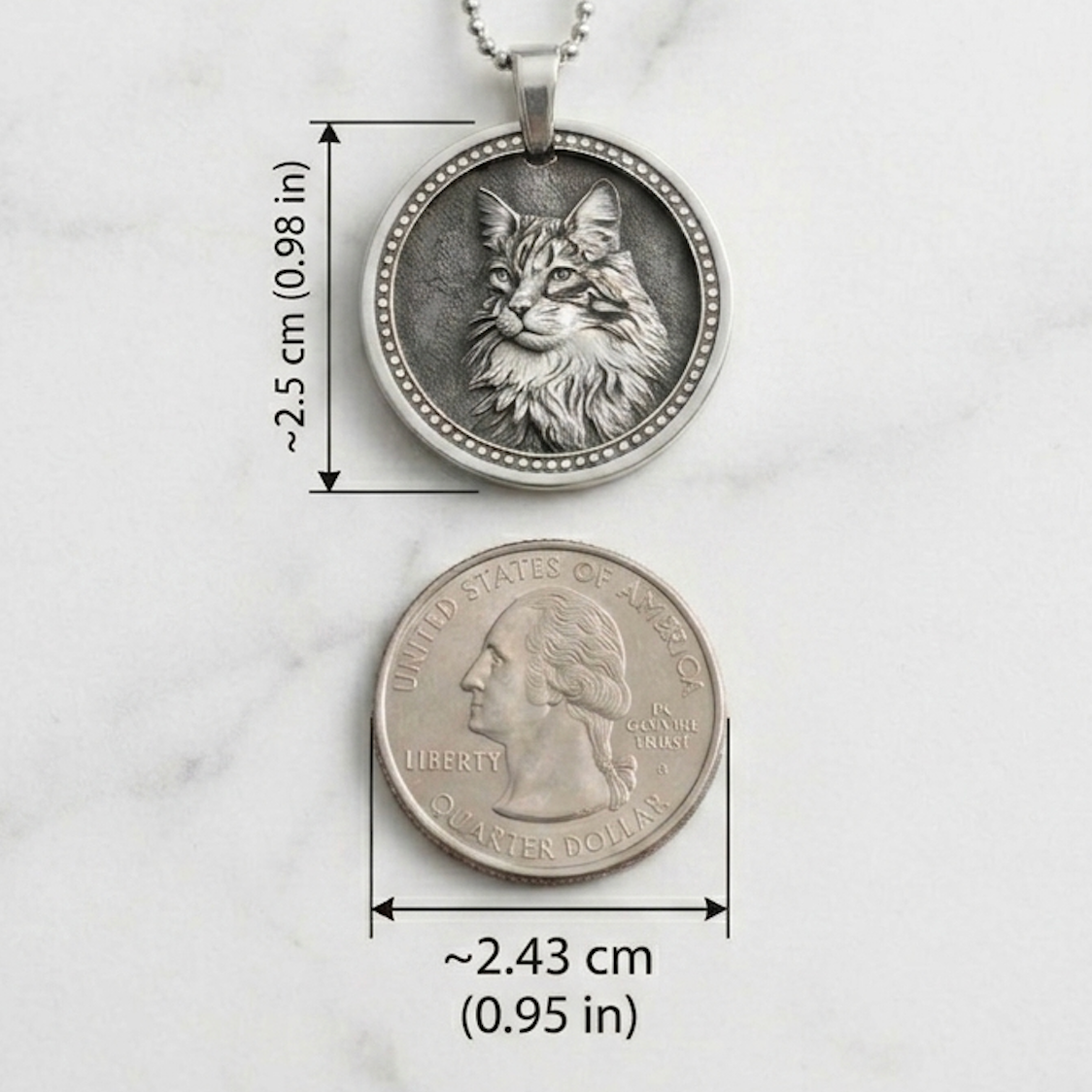 999 pure silver pet relief pendant size comparison — approximately 2.5 cm diameter, shown next to a US quarter for scale.