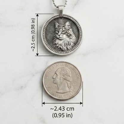 999 pure silver pet relief pendant size comparison — approximately 2.5 cm diameter, shown next to a US quarter for scale.