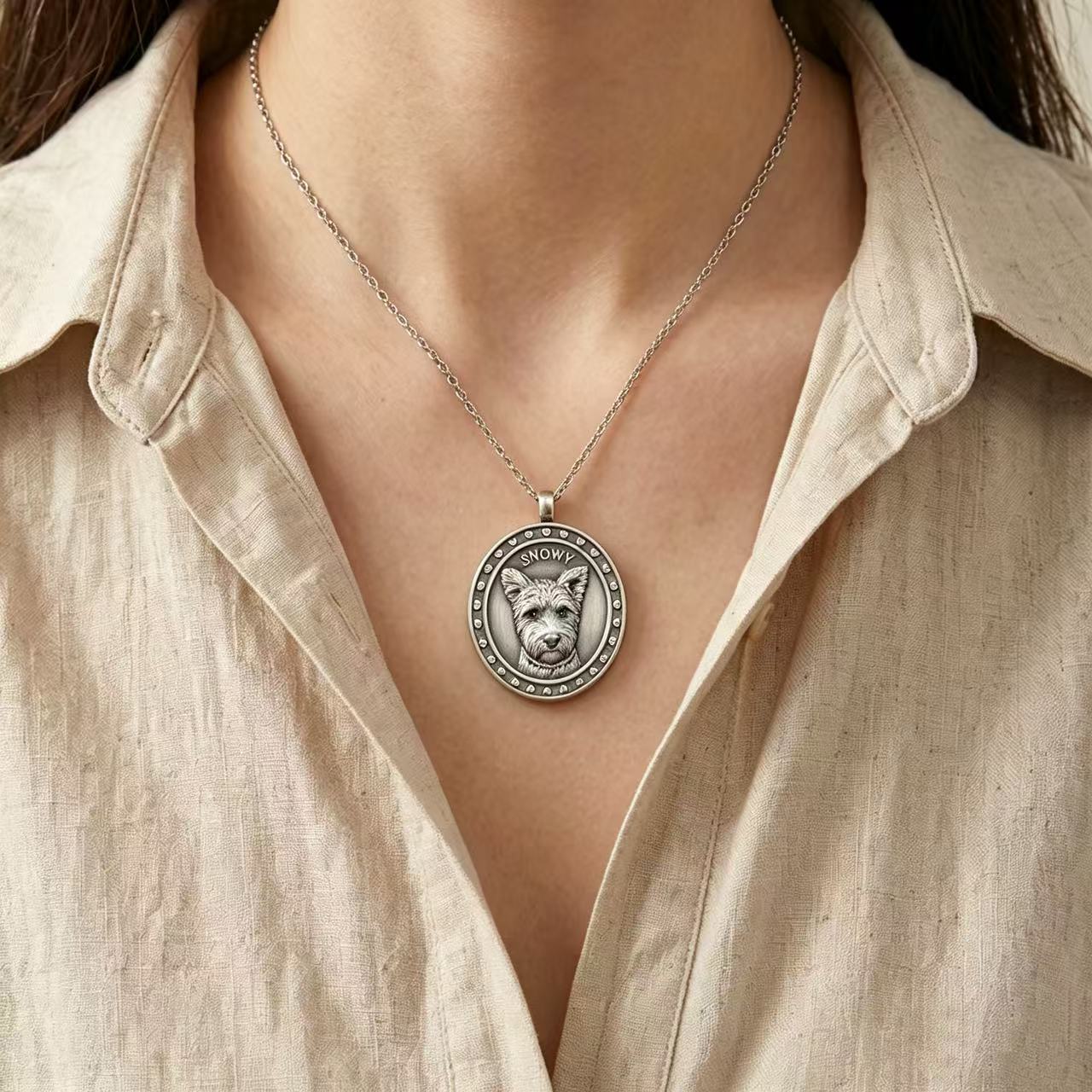 Woman wearing custom silver pet portrait pendant necklace