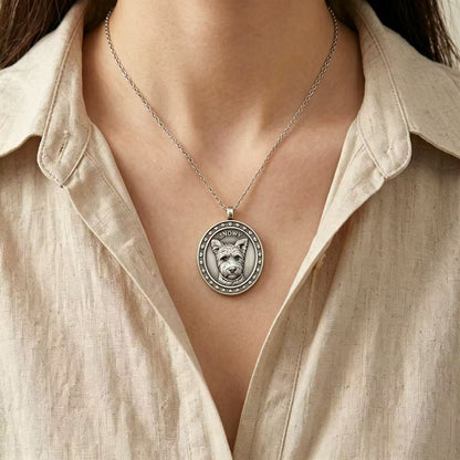 Woman wearing custom silver pet portrait pendant necklace