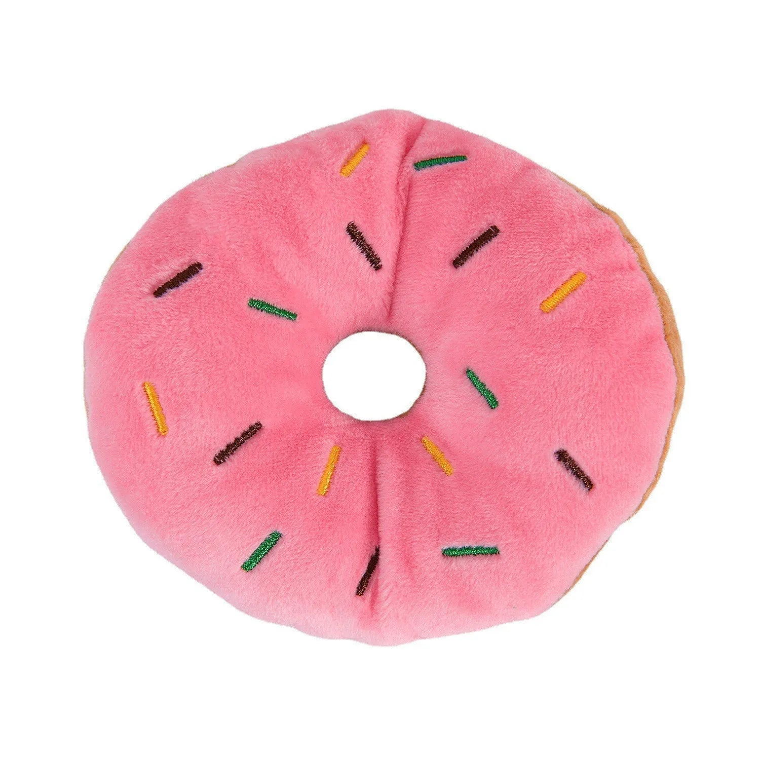 Pink squeaky plush donut toy for dogs
