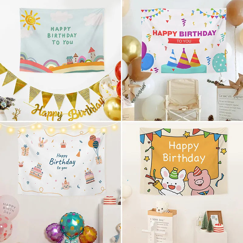 Vintage birthday backdrop set with bunting and balloons